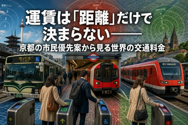 バスと鉄道を利用する人々を通して各地の運賃制度を表現したイメージ。