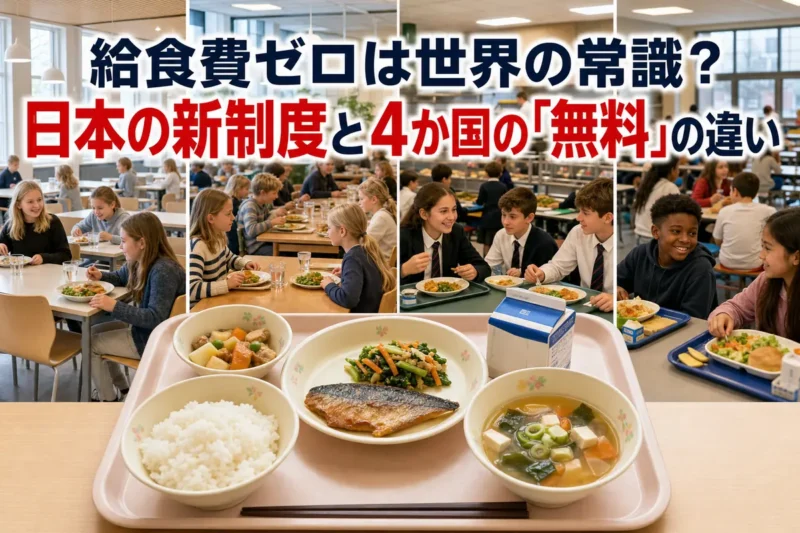 日本と海外の学校給食制度を象徴する給食トレーと食堂のイメージ。