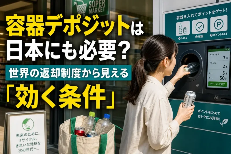 スーパーの回収機へペットボトルと缶を返却する人。