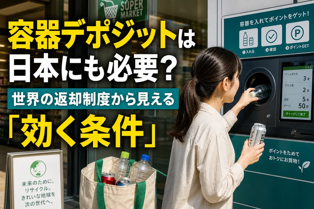 スーパーの回収機へペットボトルと缶を返却する人。