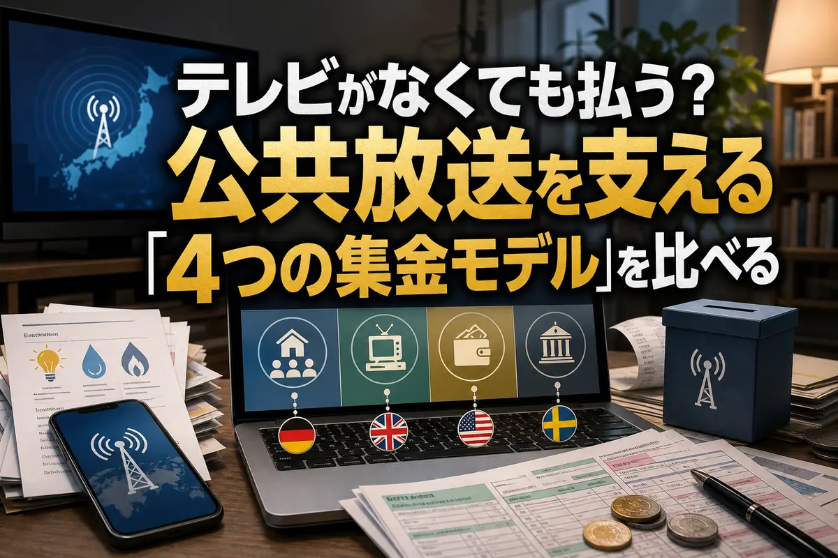 テレビやスマートフォンと複数の公共放送財源を象徴する書類が並ぶ。