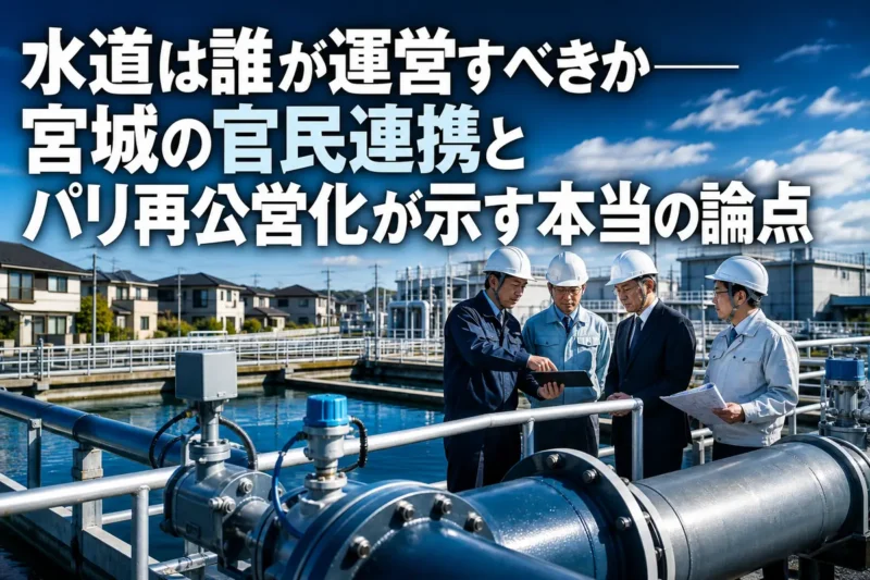 水道施設を前にインフラの運営状況を確認する自治体職員と技術者。