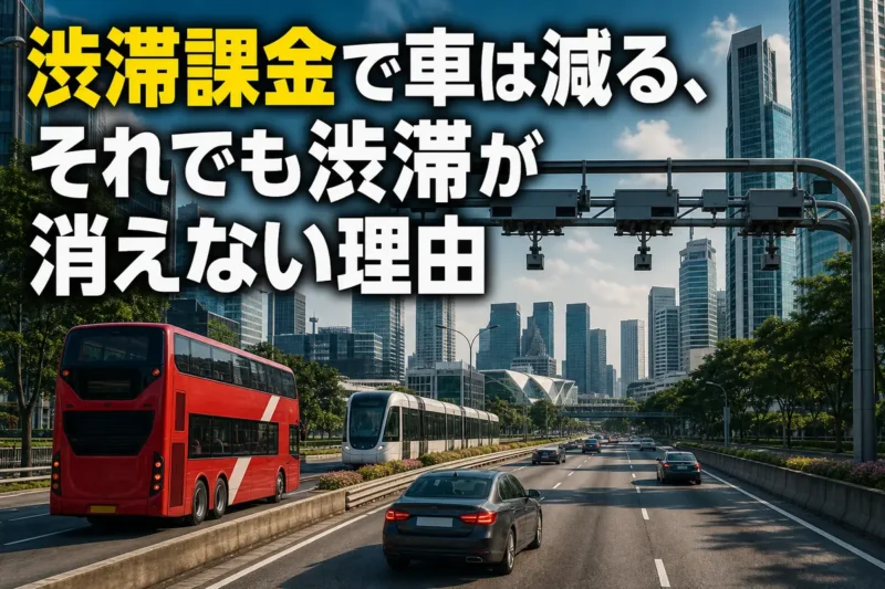 都市中心部へ向かう車と公共交通、電子課金設備を描いたイメージ。