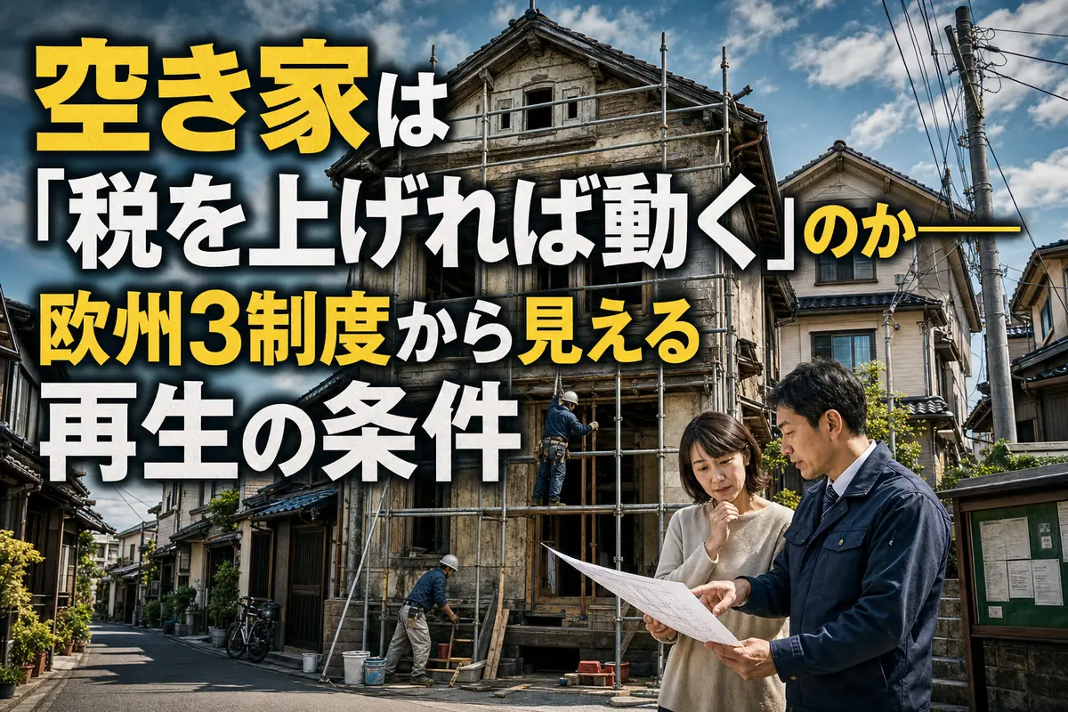 空き家の前で改修計画を確認する所有者と自治体職員。