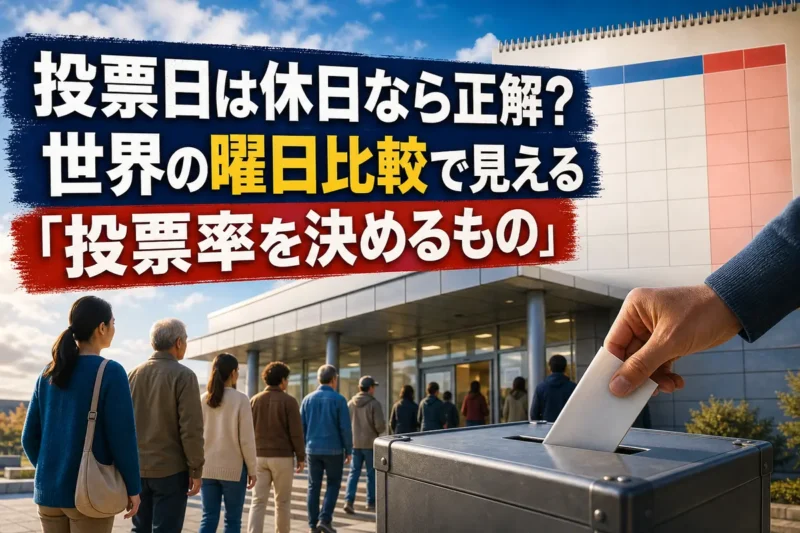 平日と週末が並ぶカレンダーの前で投票所へ向かう人々。