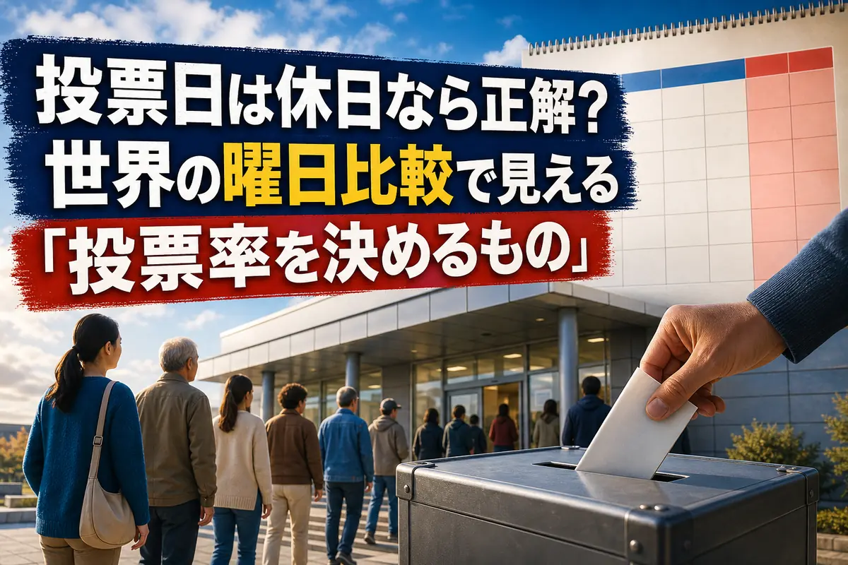 平日と週末が並ぶカレンダーの前で投票所へ向かう人々。