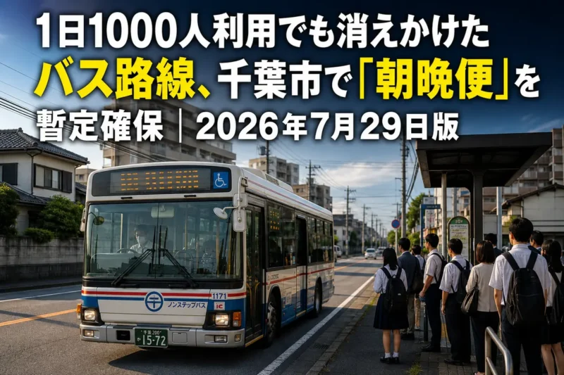 千葉市郊外の住宅地を走る路線バスと停留所で待つ利用者。