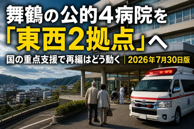 舞鶴市の地域医療再編を象徴する公的病院と救急車。
