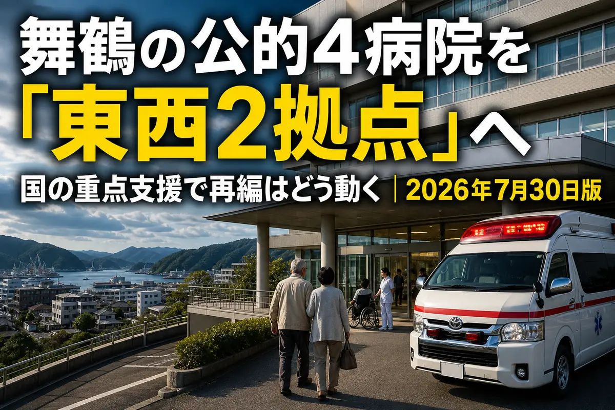 舞鶴市の地域医療再編を象徴する公的病院と救急車。