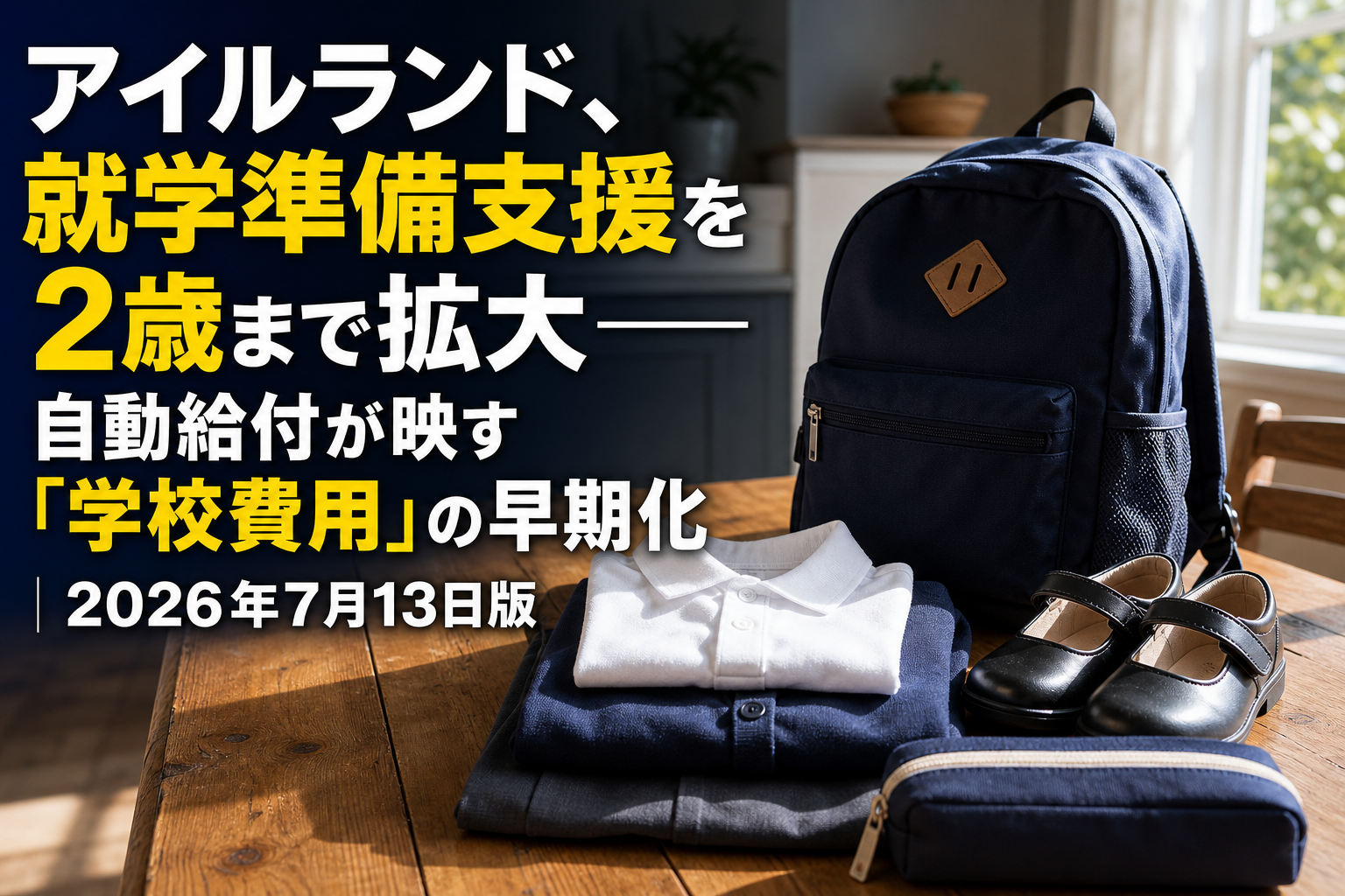子どもの制服や靴、リュックが並ぶ就学準備のイメージ。