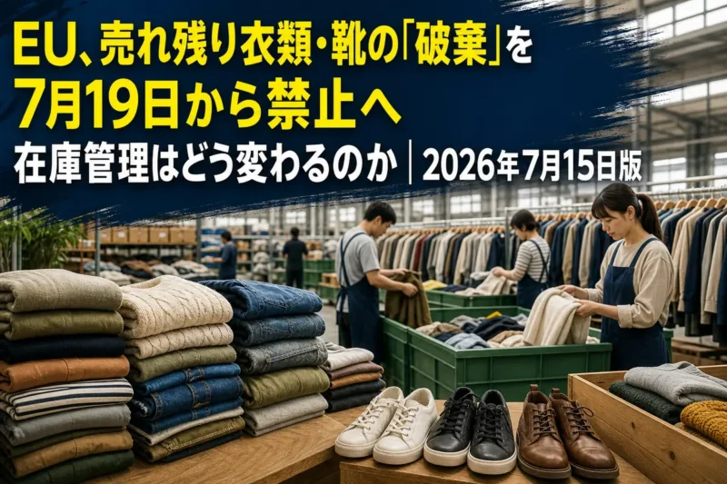 売れ残り衣類と靴を再利用のために仕分ける倉庫のイメージ。