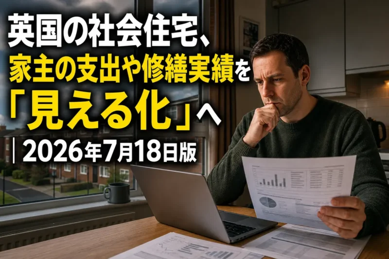 英国の社会住宅入居者がパソコンで修繕や支出の情報を確認している。