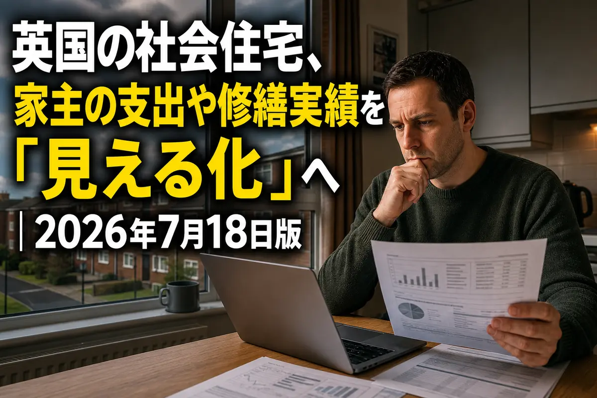 英国の社会住宅入居者がパソコンで修繕や支出の情報を確認している。