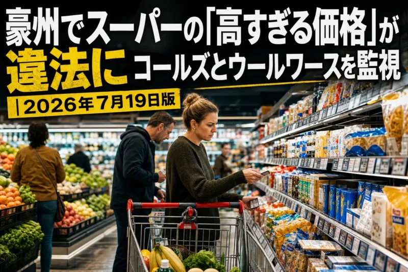 オーストラリアのスーパーで商品価格を見比べる買い物客。