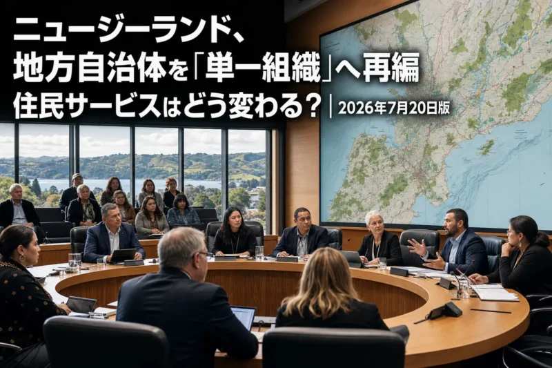 ニュージーランドの地域地図を前に地方制度改革を協議する自治体関係者。