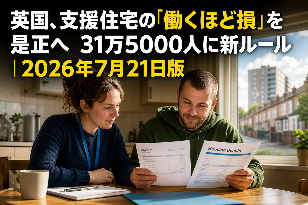 英国の支援住宅で給与明細と住宅給付通知を確認する住民と支援員。
