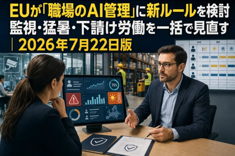 AIによる人事評価を人間の管理職と確認する欧州の職場を表したイメージ。
