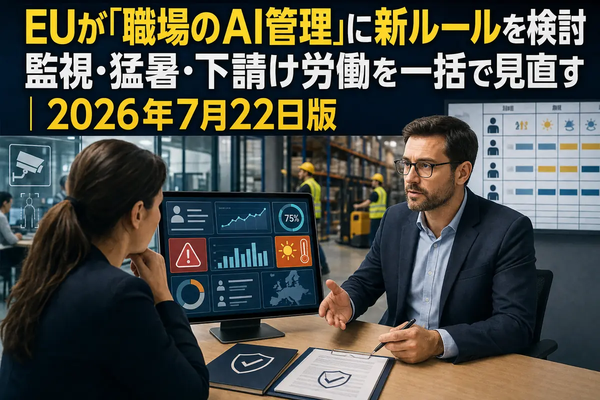 AIによる人事評価を人間の管理職と確認する欧州の職場を表したイメージ。
