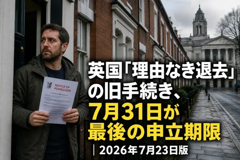 英国の賃貸住宅前で退去手続きの書類を確認する借主。