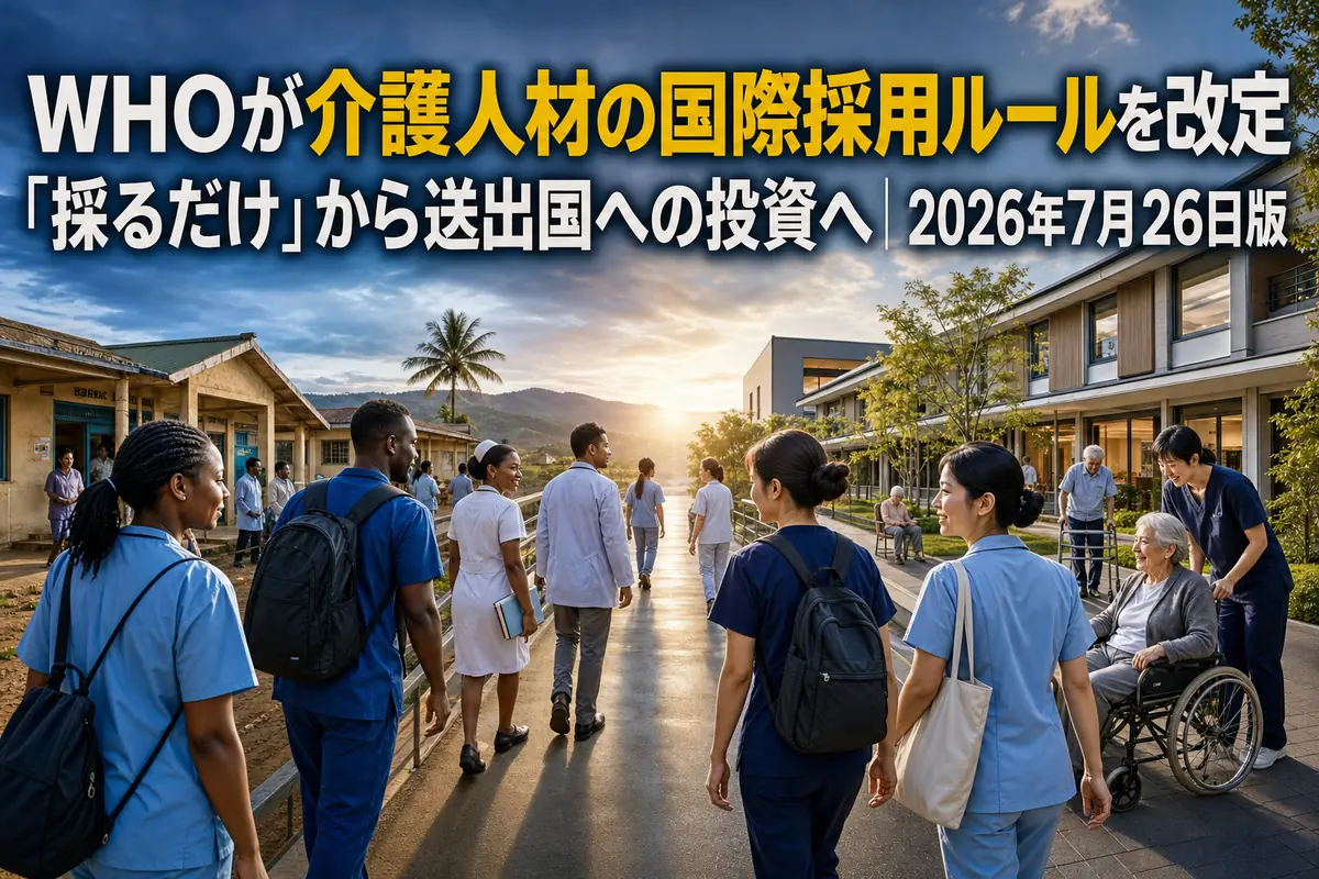 国境を越えて移動する医療・介護人材と送出国への共同投資を表したイメージ。