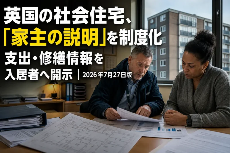 英国の社会住宅入居者と担当者が修繕記録を確認している。