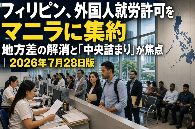 フィリピンの行政窓口で外国人雇用許可の書類を確認する様子。