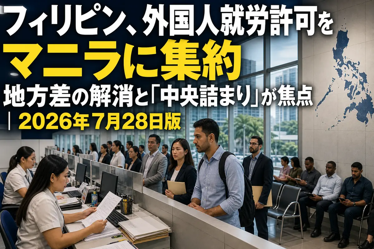 フィリピンの行政窓口で外国人雇用許可の書類を確認する様子。