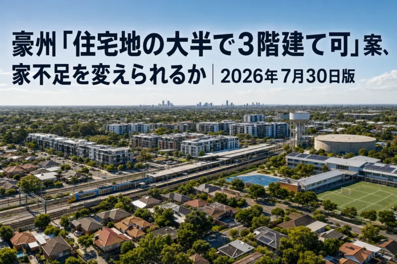 戸建てと低層集合住宅が並ぶオーストラリアの住宅地。