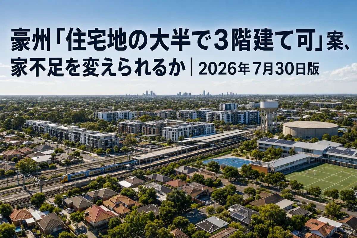 戸建てと低層集合住宅が並ぶオーストラリアの住宅地。