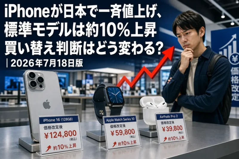 値上げされたスマートフォンと周辺機器を店頭で比較する様子。