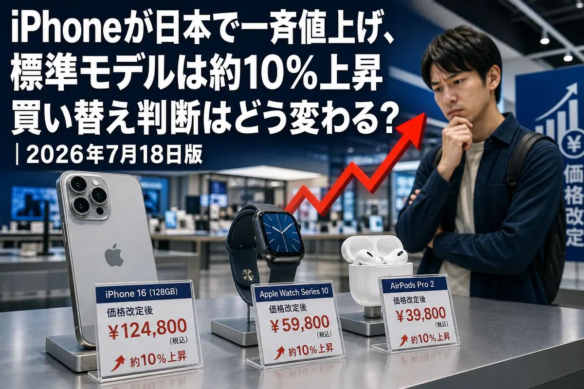 値上げされたスマートフォンと周辺機器を店頭で比較する様子。