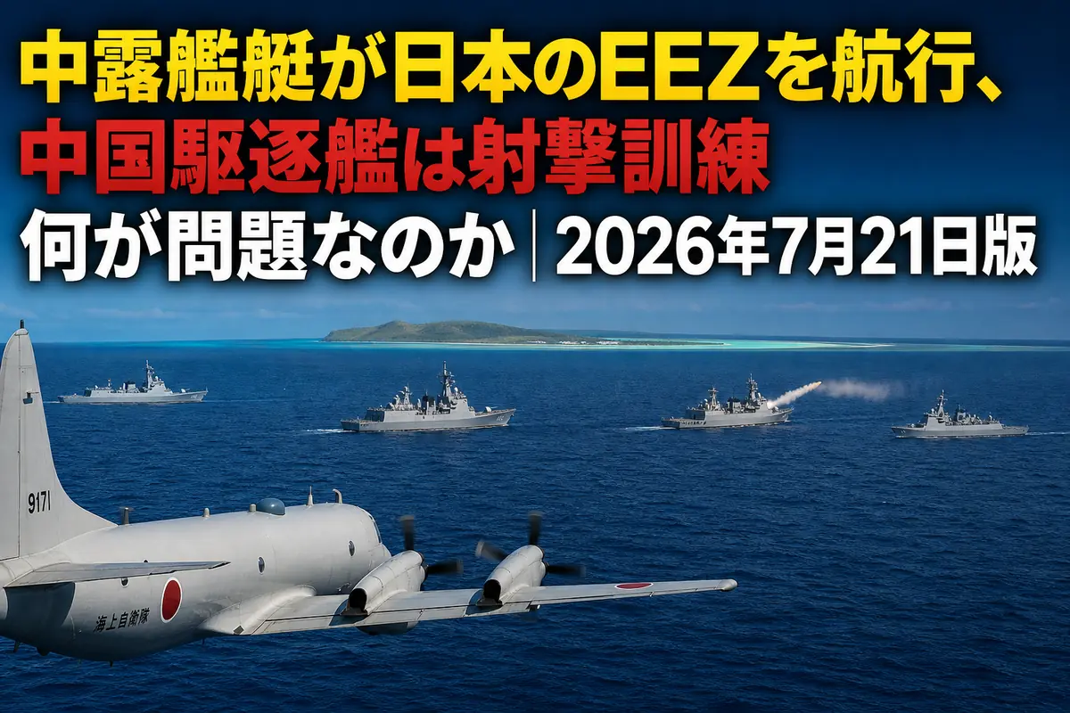 日本のEEZ周辺を航行する中露艦艇を警戒監視するイメージ。