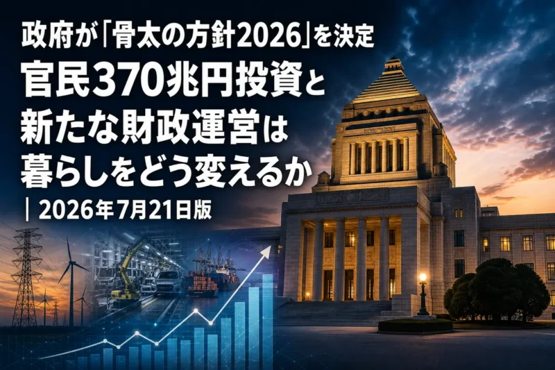 国会議事堂と国内投資を象徴する産業・インフラのイメージ。