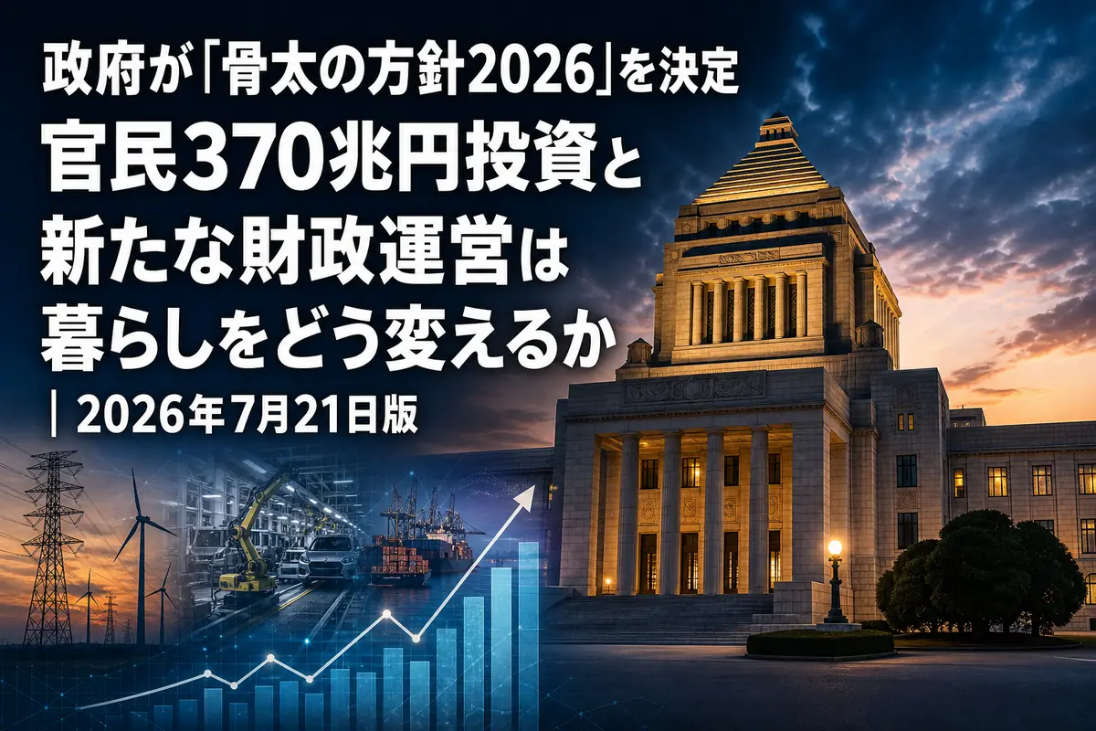 国会議事堂と国内投資を象徴する産業・インフラのイメージ。