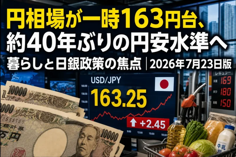 円紙幣と為替市場の画面を通して急速な円安を表したイメージ。