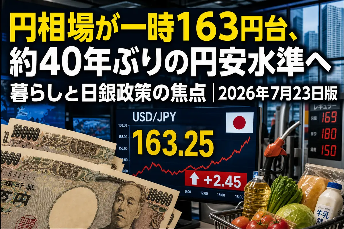 円紙幣と為替市場の画面を通して急速な円安を表したイメージ。
