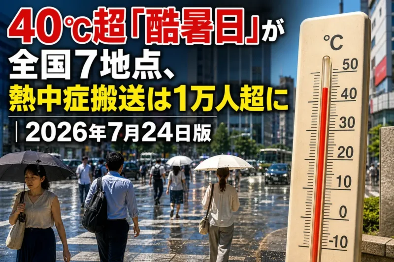 強い日差しの中、日傘を差して歩く人々と高温を示す温度計。