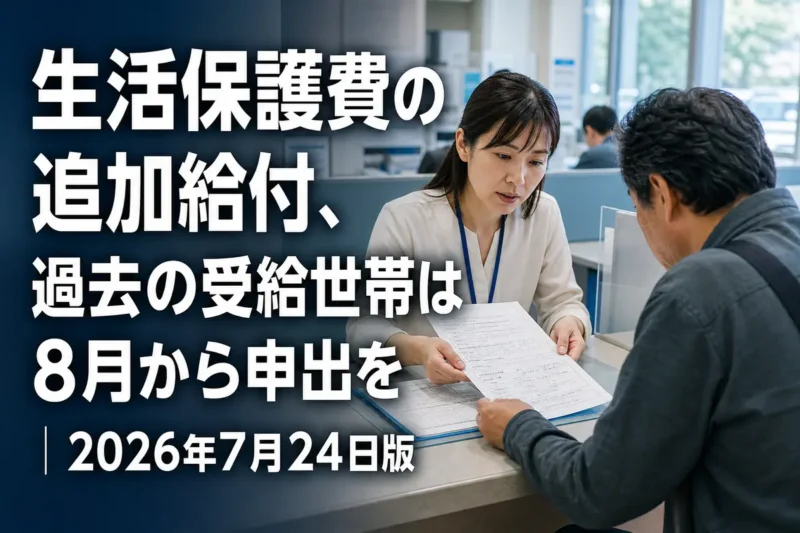 自治体の窓口で追加給付の申出書類を確認する様子。