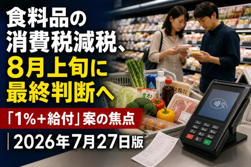 スーパーの会計で食料品の価格とレシートを確認する買い物客。