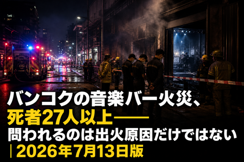 バンコクの音楽バー火災現場をイメージした夜の緊急対応風景。