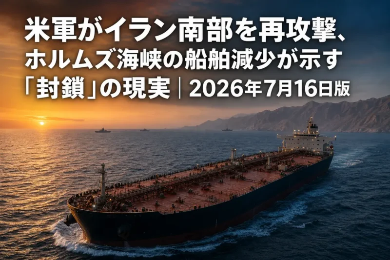 夕暮れのホルムズ海峡を航行する大型タンカー。