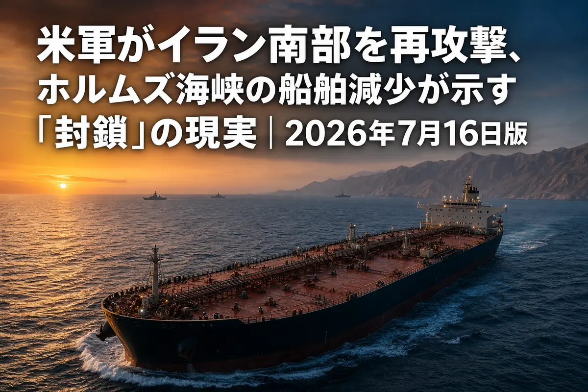 夕暮れのホルムズ海峡を航行する大型タンカー。