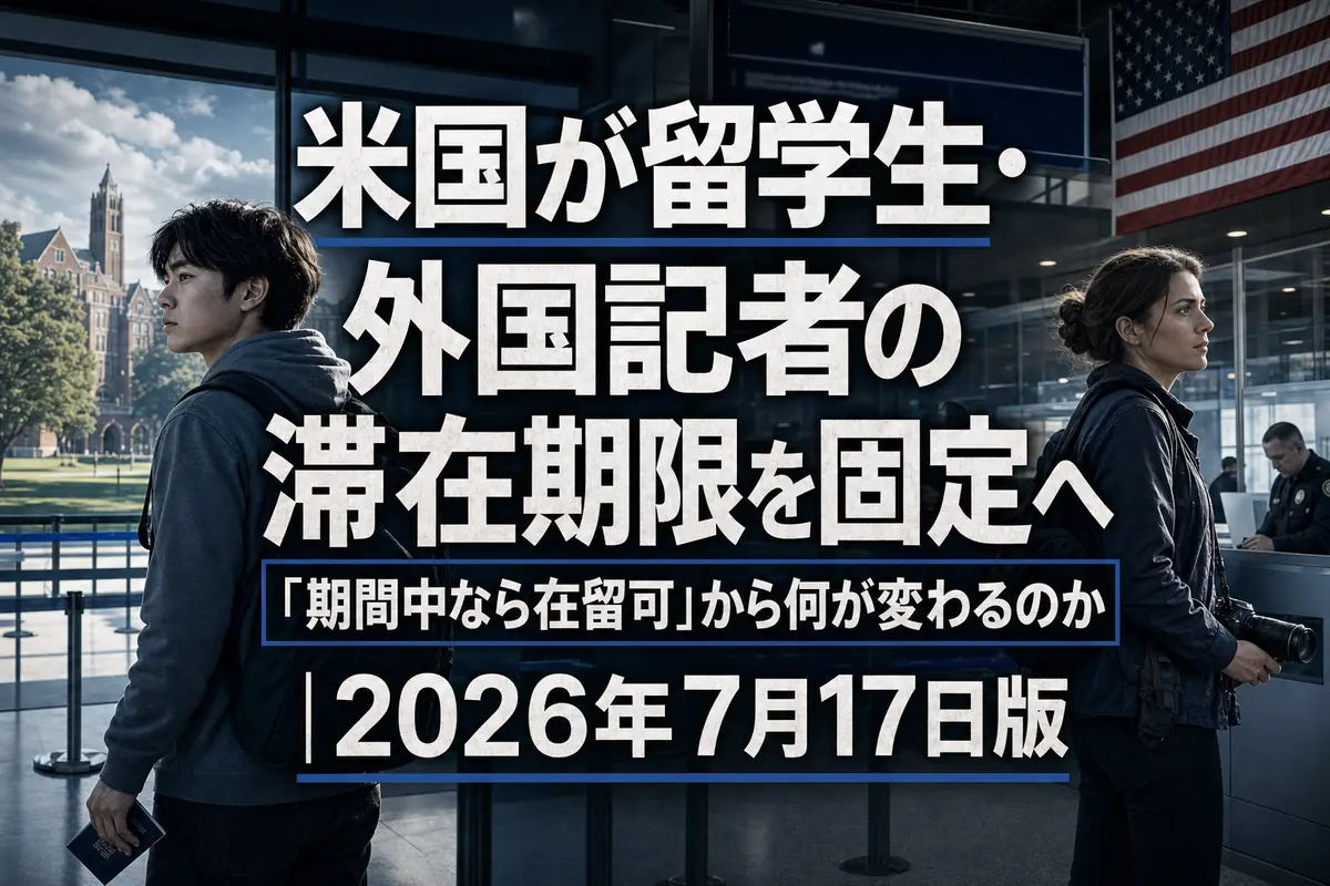 米国の入国審査と留学生・外国記者を描いたイメージ。