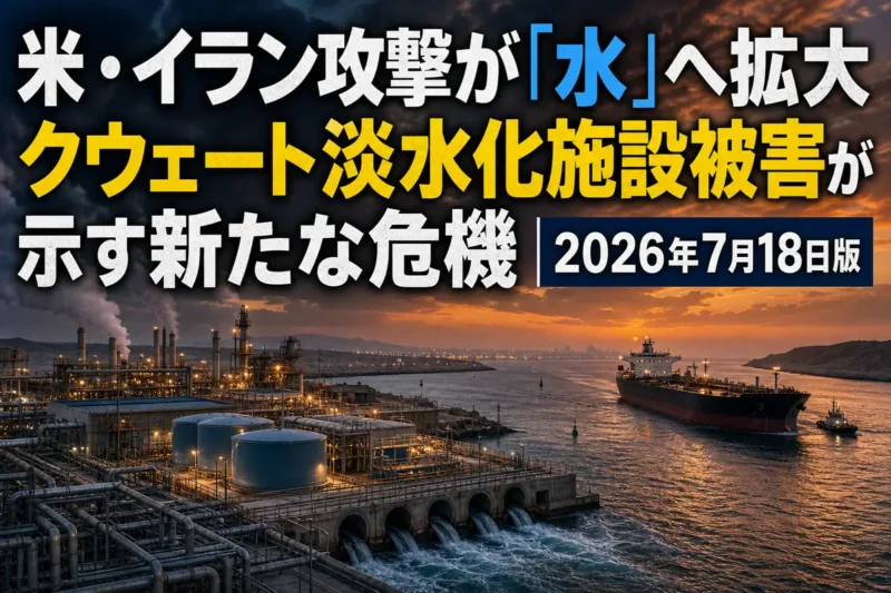 ホルムズ海峡を航行するタンカーと湾岸の淡水化・発電施設。