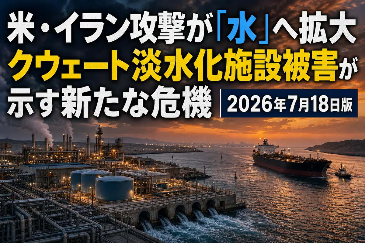 ホルムズ海峡を航行するタンカーと湾岸の淡水化・発電施設。