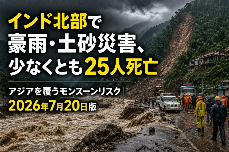 豪雨で冠水した山間部の道路と土砂崩れの現場で救助活動が続く様子。