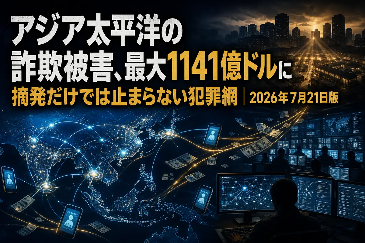 アジア太平洋を横断するオンライン詐欺網と資金の流れを表したイメージ。