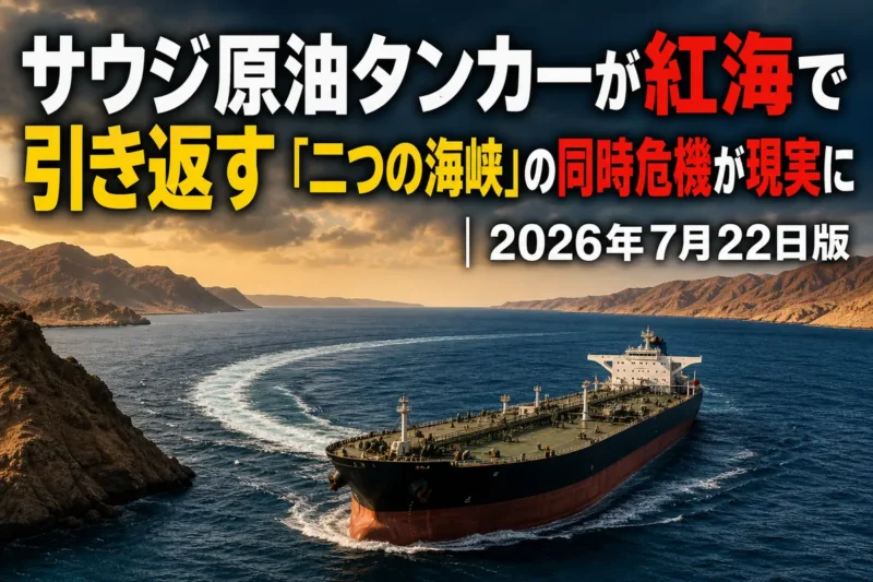 紅海のバブ・エル・マンデブ海峡付近で航路を変える原油タンカー。