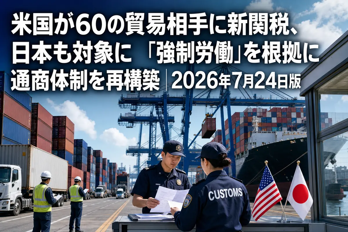 国際港でコンテナ貨物を検査する税関職員と大型貨物船。