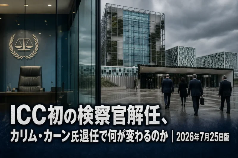 国際刑事裁判所の建物と空席になった検察官席を表現したイメージ。